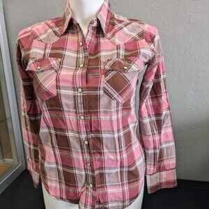 Levis Pink Plaid Flannel Pearl Snap Shirt Western Outdoor Women's Large